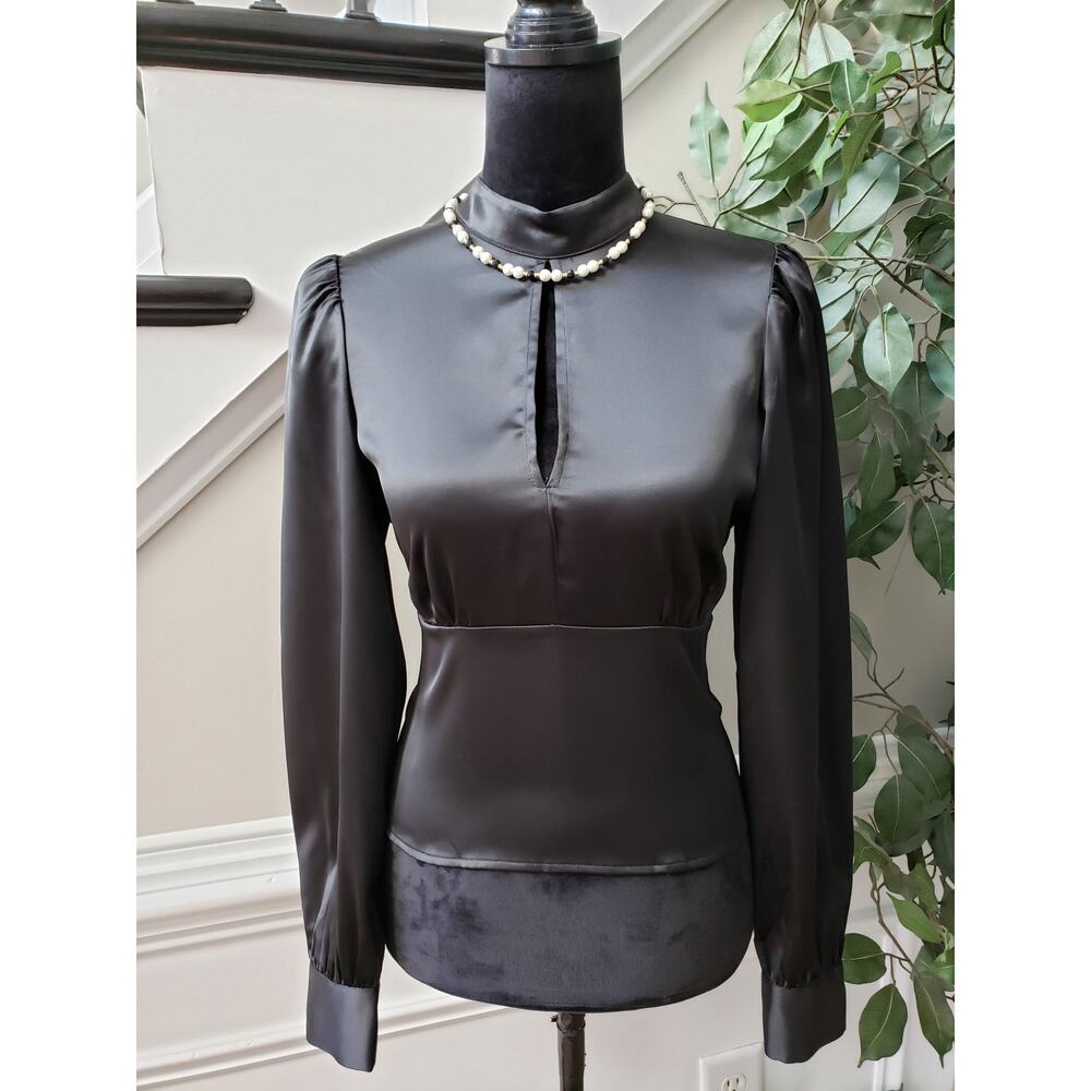 Intempo Top Blouse Womens Small Black Satin Keyhole Front Long Sleeve Mock Neck